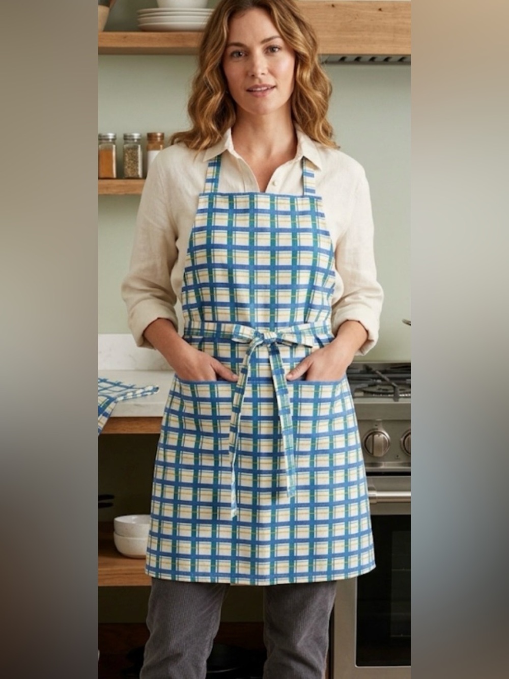 Vintage Old Navy Plaid Butcher Apron Cotton Canvas Cream Blue Green XL